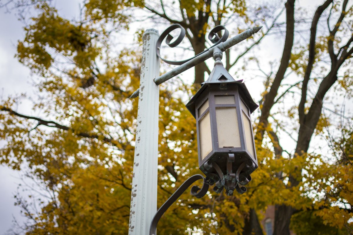 A lamppost with an old-fashioned lantern on MSU's campus. A large tree with yellow leaves is in the background.